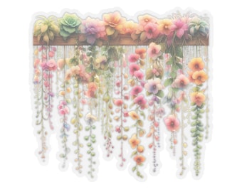 Hanging flowers sticker, transparent kiss cut decal. For stationery cards, envelopes, gift packages, scrapbook, Four sizes available.