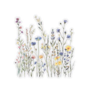 Sticker prairie de fleurs sauvages, sticker transparent découpé en forme de baiser. Sticker floral transparent, quatre tailles au choix.