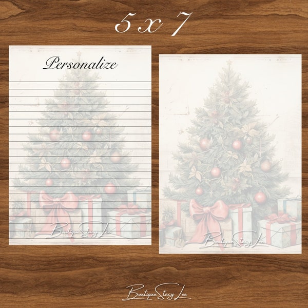 Vintage Christmas Tree print Lined letter writing personalized stationery set 5x7 25 or 50 sheet set notebook paper filler paper pen pal.