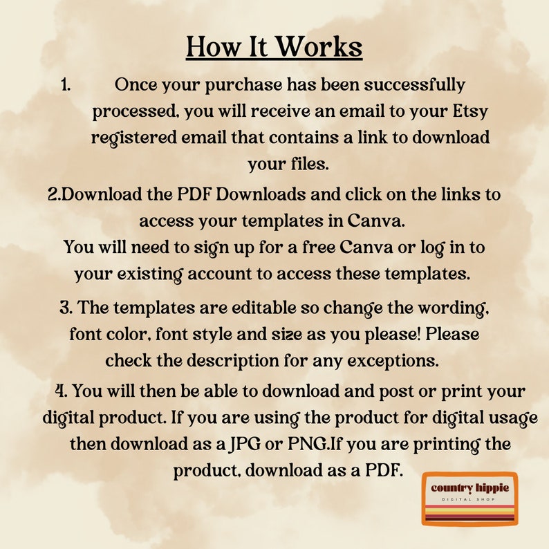 Puede incluir: C&oacute;mo funciona: Un fondo beige con texto que explica c&oacute;mo descargar y usar plantillas digitales. El texto incluye instrucciones para descargar archivos PDF, acceder a plantillas en Canva y editar las plantillas. El texto tambi&eacute;n menciona que las plantillas son editables y se pueden descargar como JPG, PNG o PDF.