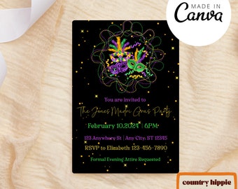 Plantilla editable de invitación para fiesta de Mardi Gras (descarga digital)