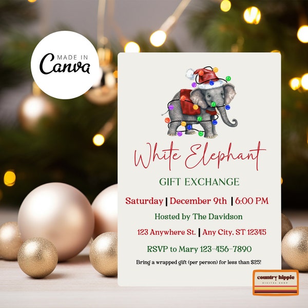 White Elephant Party Invitation Template, Secret Santa Christmas Party Invite, Simple Editable Canva Invitation Template, Digital Download