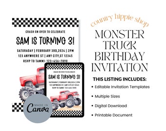 Monster Truck Birthday Invitation: Editable Canva Template (Digital Download)