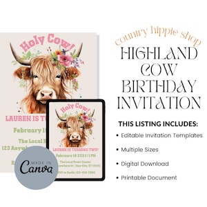 Highland Cow Birthday Invitation, Cow Birthday Invite, Simple and Editable Canva Template, Digital Download, Invitation Template