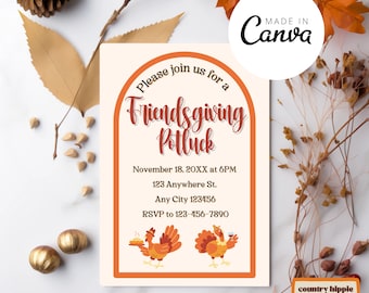 Zaproszenie na imprezę Friendsgiving Potluck: edytowalny szablon Canva (pobranie cyfrowe)