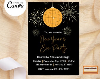 New Year's Eve Party Invitation Template,Fireworks New Year's Eve Party Invite,Simple and Editable Canva Invitation Template, Digital Invite