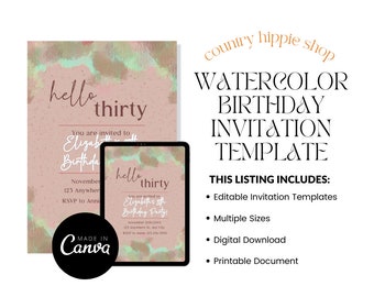 Watercolor Hello Thirty Birthday Evite: Editable Invitation (Digital Download)