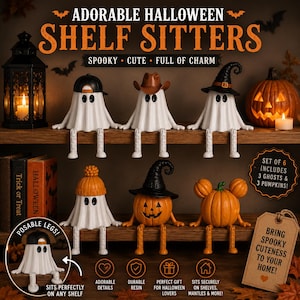 Peut inclure: Un ensemble de six décorations d'Halloween à poser sur une étagère, comprenant trois fantômes blancs et trois citrouilles orange avec des jambes articulées. Les fantômes portent divers chapeaux, dont une casquette et un chapeau de sorcière.