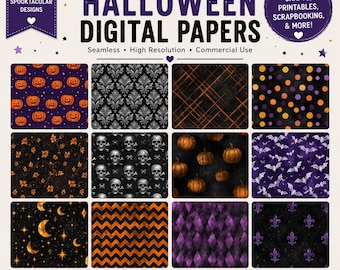 Halloween Digital Paper Bundle, 12 Seamless Halloween Patterns, Spooky Scrapbook Paper, Printable Backgrounds, 12x12 JPG, Commercial Use