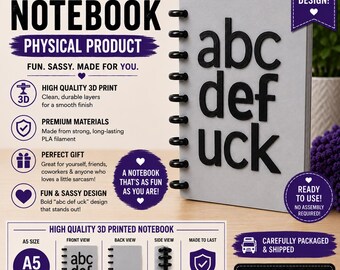 A5 3D Printed Notebook | ABC DEF UCK A5 Journal | Sarcastic Notebook | Physical Printed Gift | Funny Coworker Gift | Sassy Journal
