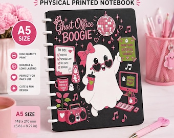 A5 3D Printed Notebook | Ghost Office Boogie | Cute Ghost Planner | Pink Black Discbound Journal | Office Humor Notebook | Coworker Gift