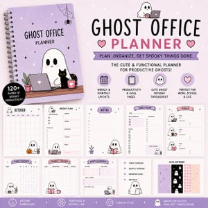 May include: A spiral-bound light purple planner titled GHOST OFFICE PLANNER featuring a cartoon ghost with a laptop and black cat. The planner includes 120+ pages with various layouts like monthly calendars, weekly plans, habit trackers, and goal pages.