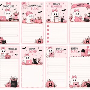 May include: A set of eight pink-themed stationery notepad sheets featuring illustrations of ghosts with bows, black cats, pumpkins, and bats. Each sheet includes headers such as TO DO LIST, PUMPKIN PATCH PLANS, TODAY'S PRIORITIES, NOTES, GROCERY LIST, BRAIN DUMP, DON'T FORGET, and HAPPY MAIL.