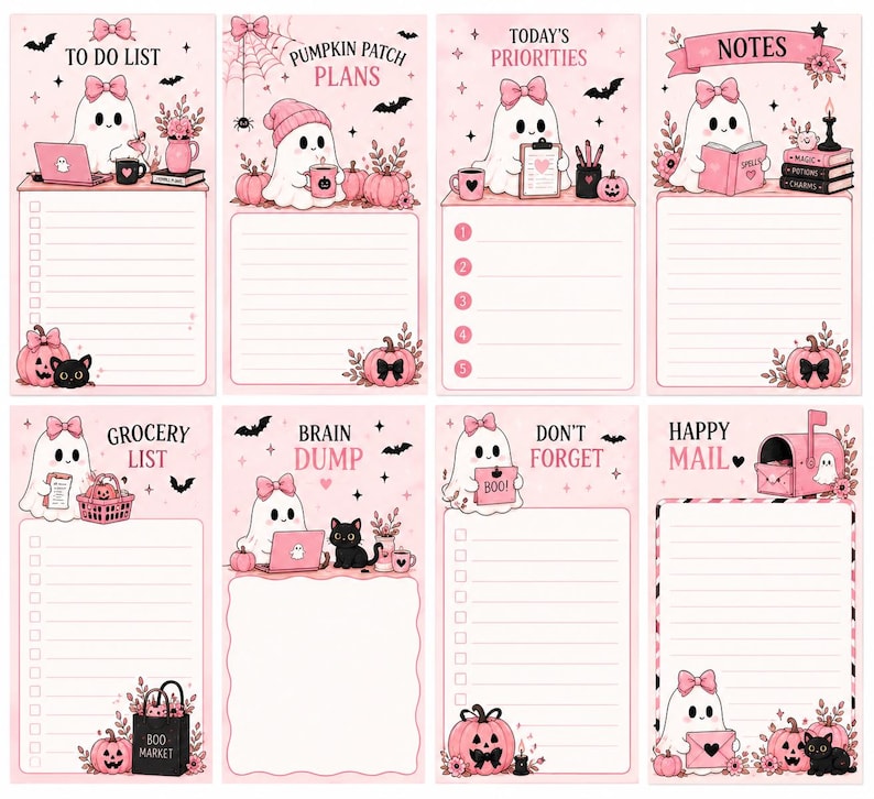 May include: A set of eight pink-themed stationery notepad sheets featuring illustrations of ghosts with bows, black cats, pumpkins, and bats. Each sheet includes headers such as TO DO LIST, PUMPKIN PATCH PLANS, TODAY'S PRIORITIES, NOTES, GROCERY LIST, BRAIN DUMP, DON'T FORGET, and HAPPY MAIL.