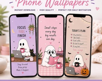 Cute Ghost Phone Wallpapers | Motivational Wallpapers | Pink and Purple | Halloween Ghost Backgrounds | iPhone & Android Digital Download
