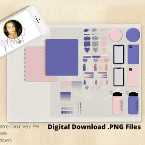 May include: Digital download of planner stickers in shades of pink and purple. The stickers include phone cases, water bottles, hearts, and other shapes. The text "2022 Pantone Colour Very Peri" and "Digital Download .PNG Files" is also included.