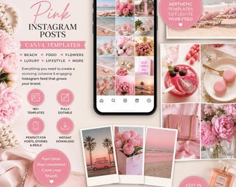 Über 185 pinke Instagram-Canva-Vorlagen | Luxuriöses Social-Media-Bundle im ästhetischen Stil | Fertig zum Umbauen | DFY | Canva-Instagram-Bundle