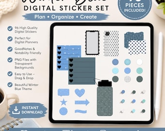 Winter Blue Digital Planner Sticker Bundle | 96 PNG Digital Stickers | GoodNotes Stickers | Journal & Planner Accessories | Instant Download