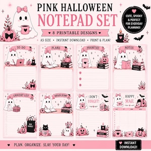 May include: A digital notepad set featuring eight printable A5 designs with pink and black Halloween themes. Each page displays a ghost character, pumpkins, and text labels like To Do, Plans, Priorities, Notes, Grocery List, Brain Dump, and Happy Mail.