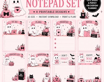 Ghost Office Pink Halloween Notepad Set | 8 Printable A5 Notepad Pages | Cute Ghost Halloween Planner Pages | Instant Digital Download