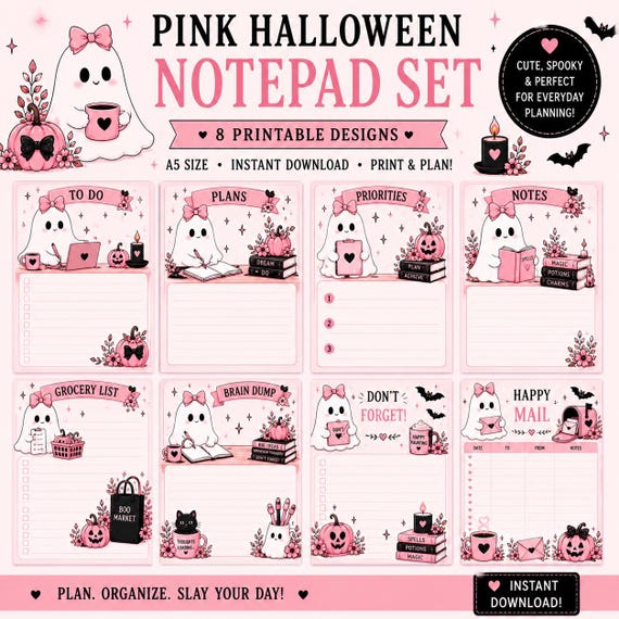 Ghost Office Pink Halloween Notepad Set | 8 Printable A5 Notepad Pages | Cute Ghost Halloween Planner Pages | Instant Digital Download