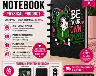A5 3D Printed Notebook Cover | Be Your Own Sparkle | 4 Colour Frog Girl Journal Cover | Cute Motivational Notebook Cover | Unique Gift