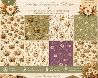 8 Autumn Harvest Seamless Digital Paper | Fall Digital Paper | Autumn Patterns | Printable Scrapbook Paper | Seamless Backgrounds