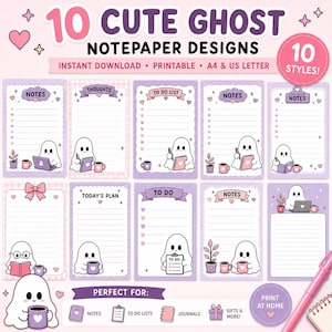 May include: A digital collection of 10 printable notepaper designs featuring white ghost characters in various activities. The sheets include headers like NOTES, THOUGHTS, and TO DO LIST, decorated with pink and purple hearts, mugs, and plants.