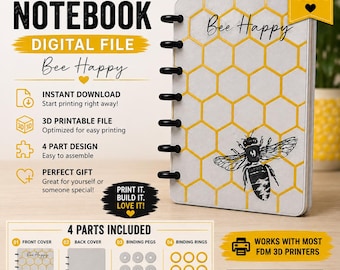 3D Printable Bee Happy Notebook STL | Honeycomb Notebook 3D Print File | Bee Lover Gift | DIY Journal | Printer Digital Download