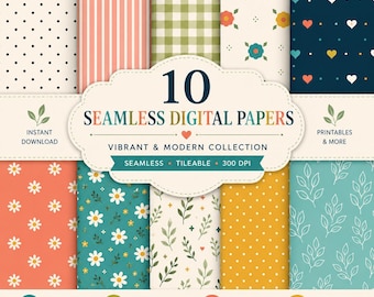 10 Seamless Digital Paper Pack, Colorful Printable Backgrounds, Floral & Botanical Patterns, Scrapbook Paper, Junk Journal, Planner Paper