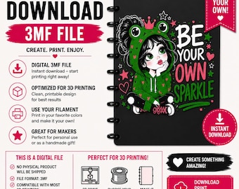 A5 3D Printable Notebook Cover | Be Your Own Sparkle | 4 Colour Frog Girl Journal Cover | Cute Motivational Notebook Cover | Unique Gift