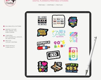 Retro 90's Digital Sticker Bundle | PNG Digital Planner Stickers | Printable Retro Planner Accessories | Instant Download