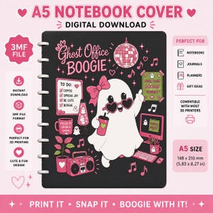 May include: A black A5 notebook cover digital download featuring a white ghost character with a pink bow and heart-shaped glasses. The design includes a disco ball, a boombox, a computer, a coffee mug, and the text Ghost Office BOOGIE.