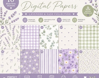 10 Seamless Digital Papers, Lavender Sage Scrapbook Paper, Floral Gingham Backgrounds, Printable Planner Paper, Junk Journal Paper