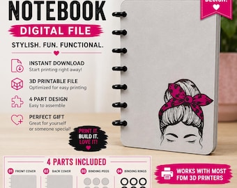 3D Printable Sassy Girl Notebook STL | Pink Bow Notebook 3D Print File | Messy bun Journal | DIY Notebook | 3MF File | Digital Download