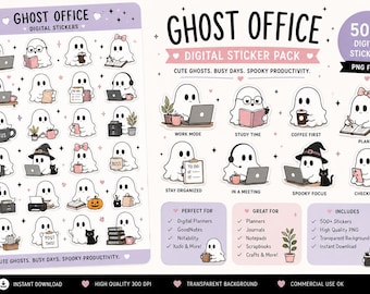 Ghost Office Digital Sticker Pack | 32 Cute Halloween Planner Stickers | PNG Digital Download | GoodNotes | Notability | Journal Stickers