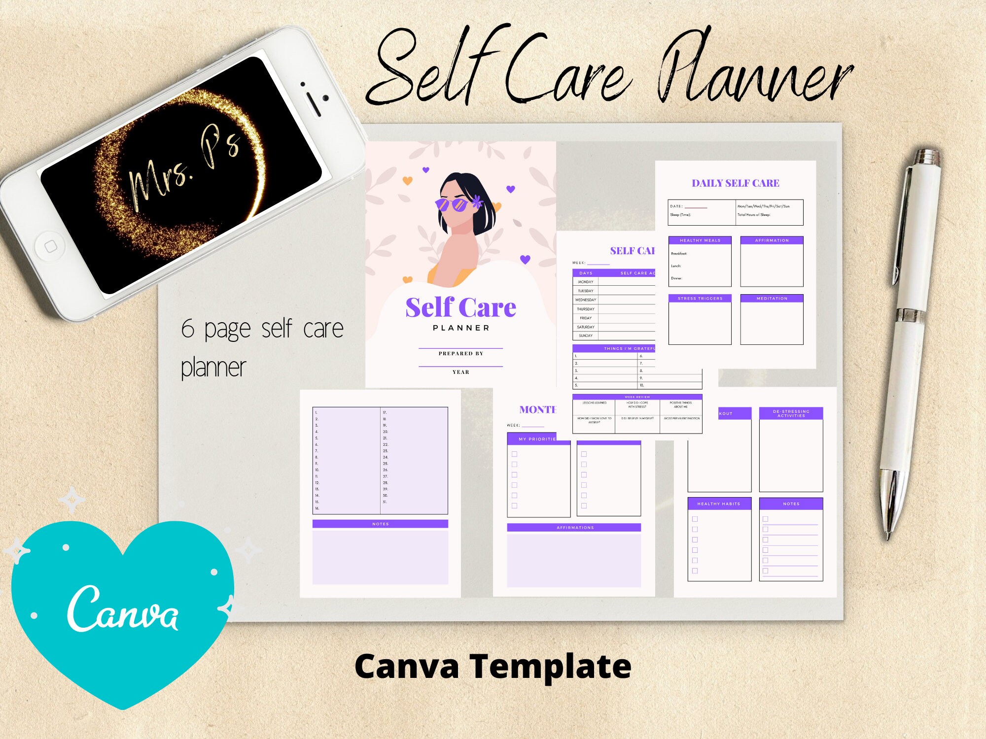 Self Care Planner Canva Template Editable, Printable, Digital - Etsy