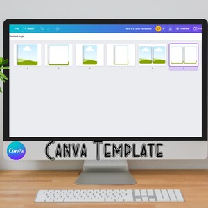 以下が含まれることがあります： ノートカバー用のCanvaテンプレートが表示されたコンピューター画面。テンプレートには6つのページがあり、それぞれ異なるデザインになっています。デザインには、風景、空白のページ、シンプルなボーダーのページが含まれています。画面には「Canva Template」というテキストが表示されています。