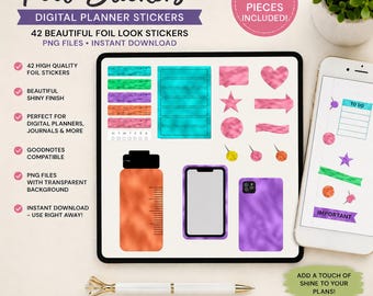 42 Foil Look Digital Planner Stickers | Printable PNG Sticker Bundle | GoodNotes Stickers | Journal & Planner Accessories | Instant Download