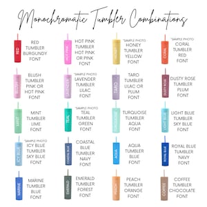 Puede incluir: Gr&aacute;fico que muestra varias combinaciones de vasos monocrom&aacute;ticos. Cada vaso es de un color diferente, como rojo, rosa, menta y azul, con colores de fuente coordinados. Las etiquetas de texto describen cada combinaci&oacute;n de color y fuente.
