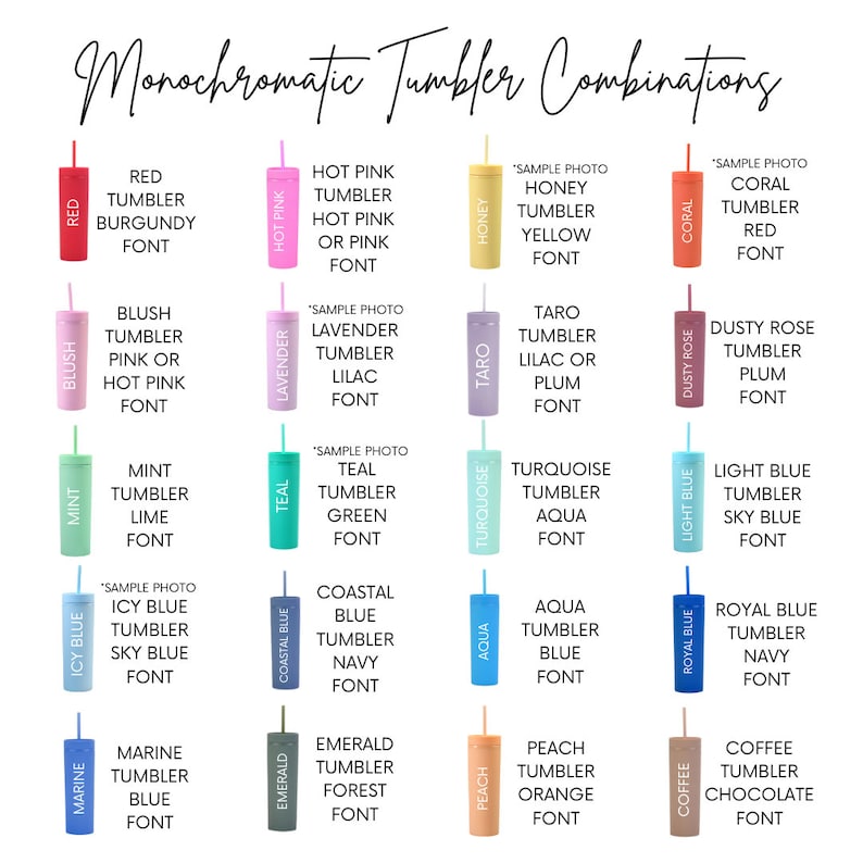 Puede incluir: Gr&aacute;fico que muestra varias combinaciones de vasos monocrom&aacute;ticos. Cada vaso es de un color diferente, como rojo, rosa, menta y azul, con colores de fuente coordinados. Las etiquetas de texto describen cada combinaci&oacute;n de color y fuente.