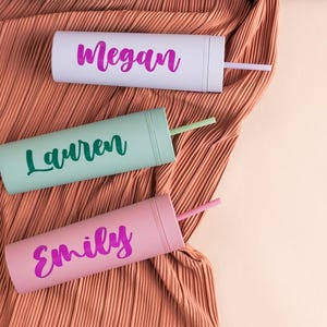 Puede incluir: Tres vasos personalizados en colores pastel: gris claro, verde menta y rosa. Cada vaso tiene un nombre en un color contrastante: "Megan", "Lauren" y "Emily". Los vasos tienen pajitas a juego y est&aacute;n sobre una tela plisada color melocot&oacute;n.
