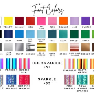 Puede incluir: Una tabla de colores de fuente que muestra una variedad de colores, incluyendo blanco, amarillo, rojo, rosa y azul. La tabla tambi&eacute;n presenta opciones hologr&aacute;ficas y brillantes, con texto que indica el costo adicional para cada una. El texto "Font Colors" est&aacute; en la parte superior.