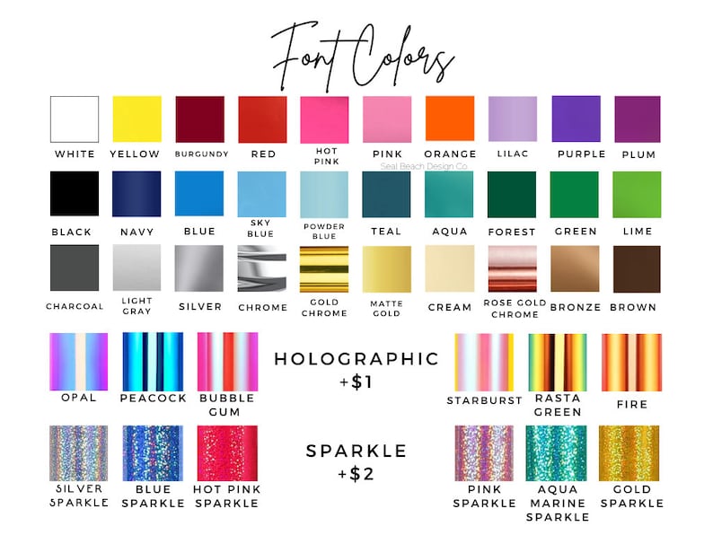 Puede incluir: Una tabla de colores de fuente que muestra una variedad de colores, incluyendo blanco, amarillo, rojo, rosa y azul. La tabla tambi&eacute;n presenta opciones hologr&aacute;ficas y brillantes, con texto que indica el costo adicional para cada una. El texto "Font Colors" est&aacute; en la parte superior.