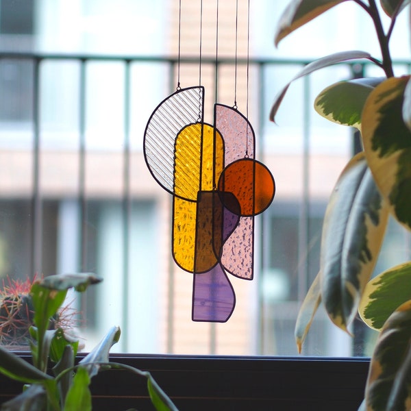 Modern Stained Glass mobile ,  Art Deco inspired suncatcher in bright colours, Glass Light Catcher