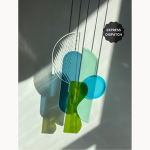 Colourful Stained Glass mobile in bright colours, Art Deco Style Suncatcher in Green and Blue, Abstract Stained Glass Window Hanging
