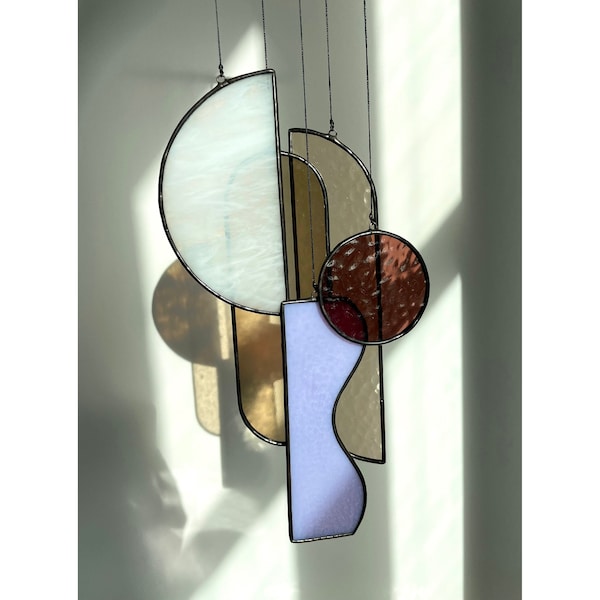 Stained glass Art Deco inspired abstract mobile / suncatcher in neutral colours