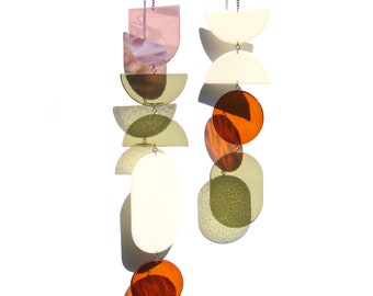 Pair of Vertical Stained Glass Window Hangings In Neutral Colours, Modern Fused Glass for window or wall, Earthy Tones Home Decor Gift