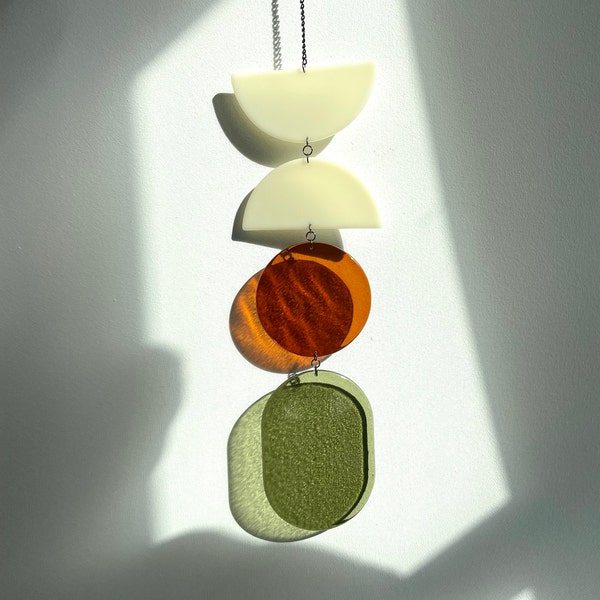 Vertical Fused Glass Suncatcher In Neutral Colours, Stained Glass Window Hangings, Earthy Colours, Neutral Home Decor Gift