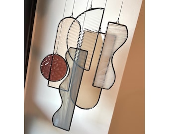 Art Deco inspired abstract stained glass mobile / suncatcher in neutral colours